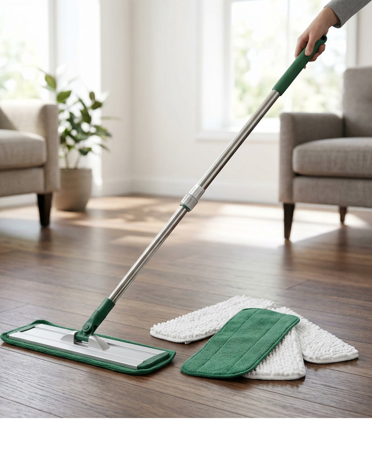 Kexs Telescopic Flat Mop 46 cm with 4 Pads Forest Green - Lifestyle view